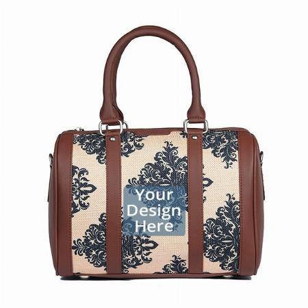 Brown Customized Printed Vegan Leather Handmade Women's Handbags With Double Handles And Detachable Sling Strap