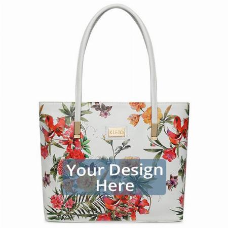 White Customized Floral Printed Zipper Tote Shoulder Handbag For Women/Ladies