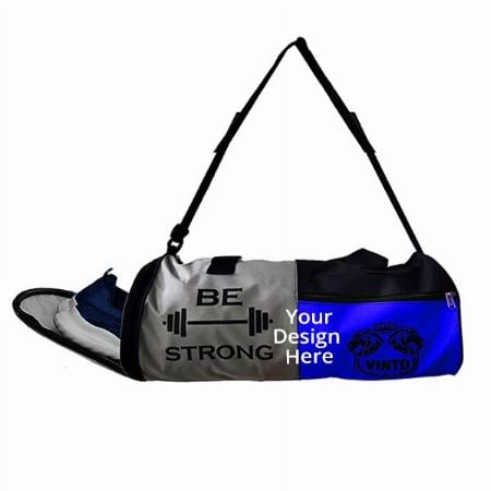Blue Grey Customized Gym Bag with Shoe Compartment (Gym Combo Includes - 1 Pair Gloves, 1 Shaker 500ml)