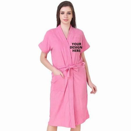 Light Pink Customized Soft Terry Towel Cotton Plain Bathrobe For Women