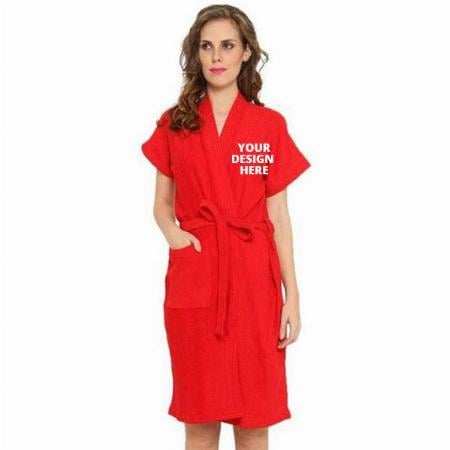 Red Customized Cotton Half Sleeves Bathrobe For Women - Free Size Fit Upto 42 Inches