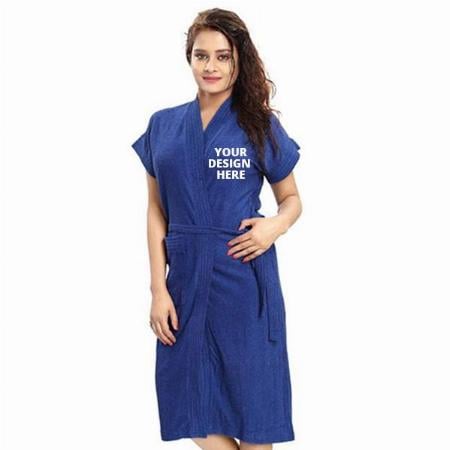 Blue Customized Cotton Half Sleeves Bathrobe For Women - Free Size Fit Upto 42 Inches