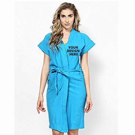 Turquoise Blue Customized 100% Cotton Towel Terry Solid Bath Gown For Swimming, Beach, Party, Spa Bathrobe
