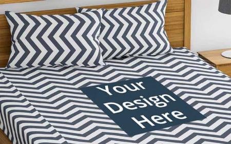 White and Grey Zig Zag Customized Cotton Double Bedsheet with 2 Pillow Covers