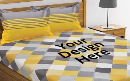 Yellow, Grey Customized Double Bedsheet with 2 Pillow Covers