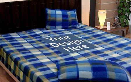 Checkered Blue Customized Double Bedsheet with 2 Pillow Covers