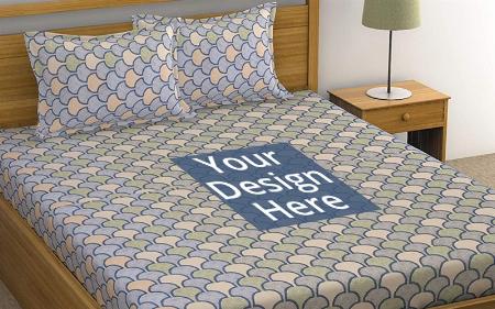 Blue Pattern Customized King Size Bed Sheet with 2 Pillow Covers
