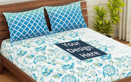 Blue Floral Customized King Size Double Bedsheet with 2 Pillow Covers