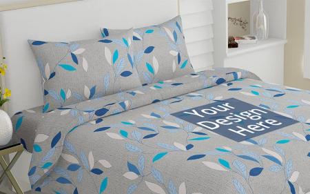 Blue Leaves Customized Double Bedsheet with 2 Pillow Covers