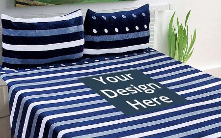 Blue Striped Customized Soft Fleno King Size Double Bedsheet with 2 Pillow Covers