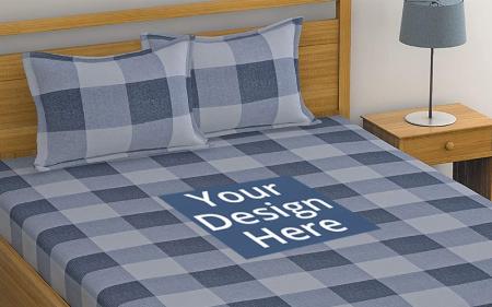 Blue and Grey Customized Double Bedsheet with 2 Pillow Covers