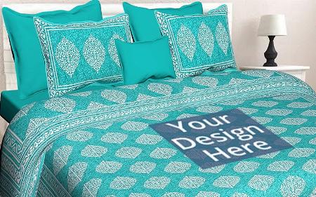Sea-Green Customized Rajasthani Traditional Bedsheet with 2 Pillow Covers, Queen Size