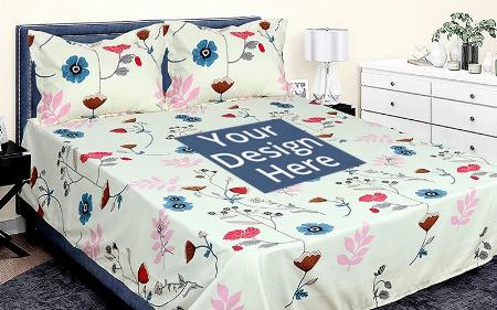 Flower Design Customized Soft Satin Double Bed Sheet with 2 Pillow Covers
