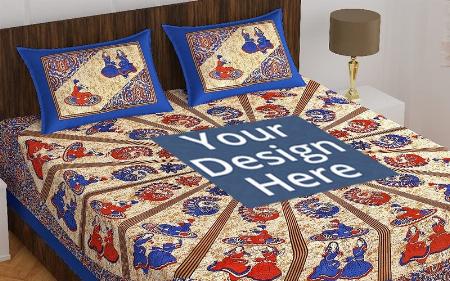 Multicolour Customized Jaipuri King Size Double Bed Bedsheet with 2 Pillow Covers
