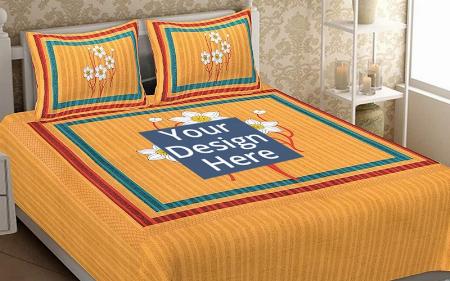 Ochre Customized Traditional King Size Double Bedsheet with 2 Pillow Covers