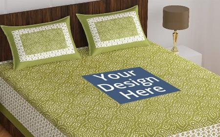 Green Customized Jaipuri Design King Size Double Bedsheet with 2 Pillow Covers