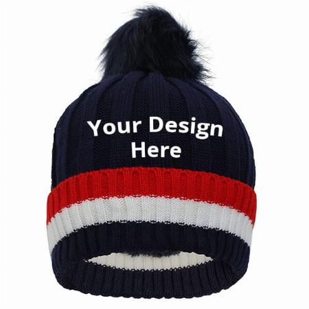 Blue Customized Woollen Winter Skull Cap with Faux Fur Lining and Pom Pom (Free Size)