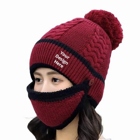 Red Customized Women's Fashionable Woollen Beanie Cap with Mask