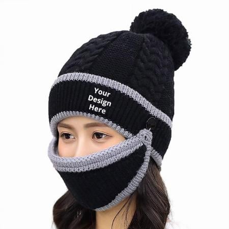 Black Customized Women's Fashionable Woollen Beanie Cap with Mask