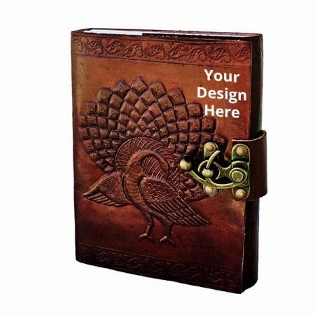Brown Customized Genuine Real Vintage Hunter Leather Engraved Peacock Print Journal Diary