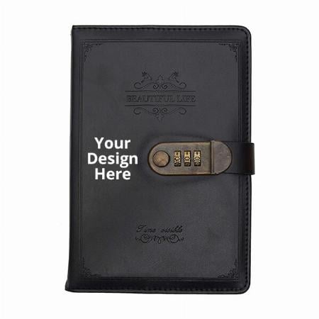 Black Customized Diary Notebook with Number Combination Lock &amp; PU Leather Cover (22x15 cm, 230 Pages)