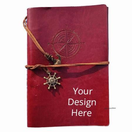 Red Customized Vintage PU Leather Travel Diary Journal with Shipwheel and Anchor