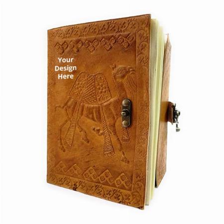 Tan Customized Camel Diary with Brass Lock, Unlined Paper, Regular Size 7 x 5