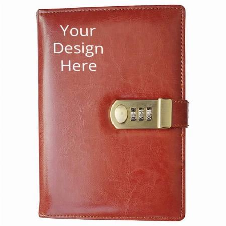 Brown Customized PU Leather Notebook Diary with Lock, A5 Size with Combination Lock Password