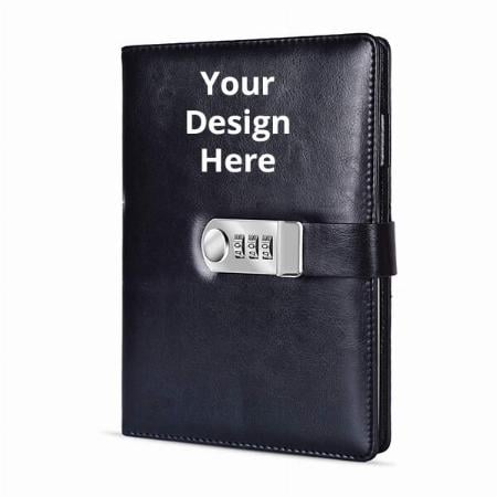 Black Customized Undated PU Leather Notebook Diary with Combination Lock Password, A5 Size, 200 Pages
