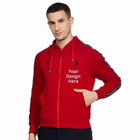 Red Customized US Polo Association Men's Cotton Hooded Sweatshirt