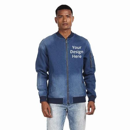 Blue Customized Men's Stand Collar Stone Wash Denim Jacket