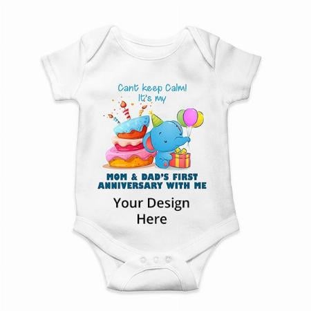 White Customized Mom Dad Anniversary Celebration Baby Romper For New Born To 12 Months Old Babies Organic Cotton Romper