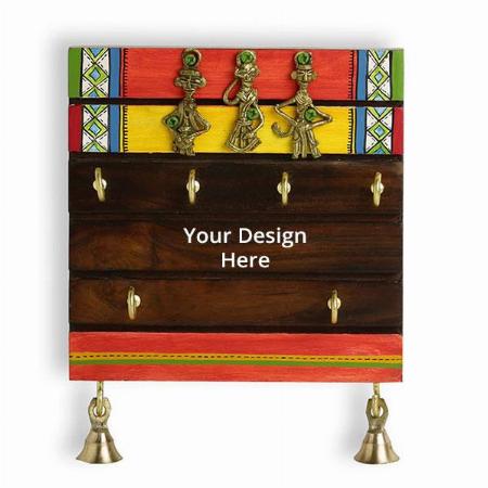 Brown Customized Home Decorative Wooden Key Holder for Home Décor Stylish (6 Hooks, Sheesham Wood, Warli Hand Painted)