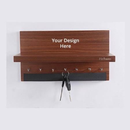 Brown Customized Wood Wall Mounted Key Holder with Storage Shelf Racks (7 Hooks, Teak) / Home Living Room Office Shop Kitchen Furniture Shelves