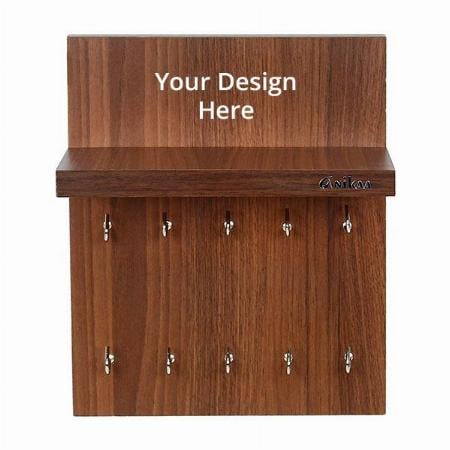 Brown Customized Wood Wall Mounted Key Holder Stand with Shelf - (Walnut)