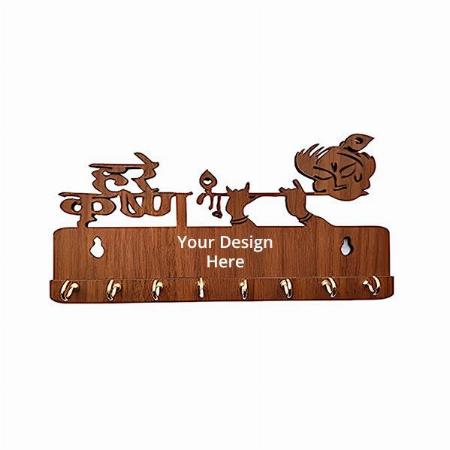 Brown Customized Hare Krishna Key Holder For Home Wall Wooden Key Hanger Decorative Key Organizer Handcrafted Key Holders Key Chain Hanger For Wall Decoration Key Stand Lord Shree Krishna Flute 8 Hooks