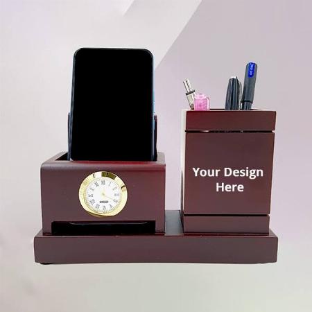 Cherry Customized Wooden Pen Stand and Mobile Stand with Clock