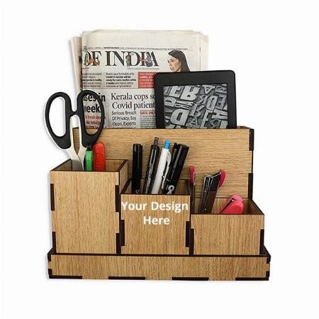 Brown Customized Multipurpose Wooden Desk Organizer | Storage Box | Remote &amp; Pen Stand | Office Stationary Stand - 4 Compartments
