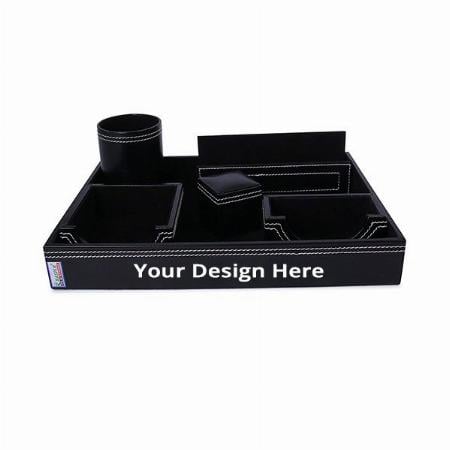 Black Customized Genuine Leather Multipurpose Desk Organizer 6-In-1 Desktop Set Pen Stand Holder With Mobile Holder &amp; Remote Stand for Office Desk Table Storage Organizer Box