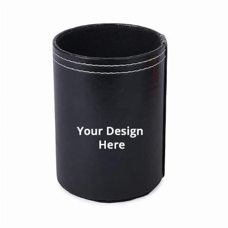 Black Customized Leather Pen Holder For Office Table Stylish Round Pen Pencil Holder Desk Organizer (3x3x4 Inches)