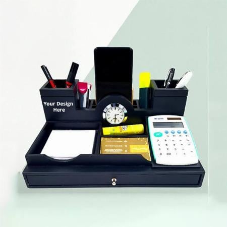 Black Customized Desk Table Organizer, Pen Stand for Office with Clock - Office Table Accessories for Teachers, Doctors, Advocates, Diwali, New Year Corporate Gifts
