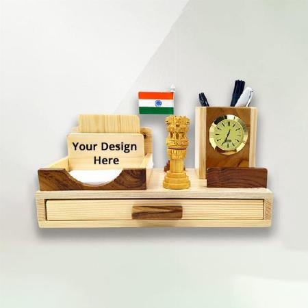 Light Brown Customized Wooden Pen Stand with Clock, Indian Flag, Ashok Pillar Drawer Coaster Plates