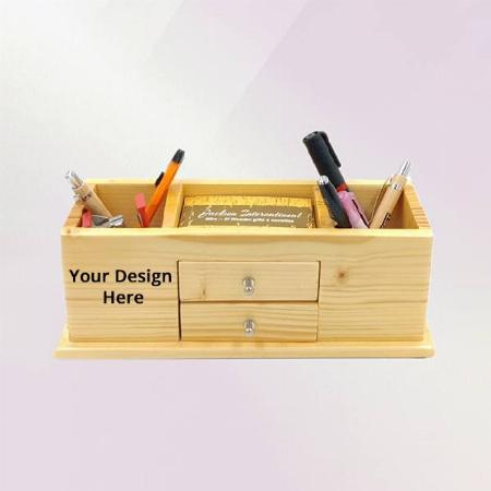 Light Brown Customized Wooden Double Pen Stand, Visiting Card Holder with Double Drawer for Office Table, School