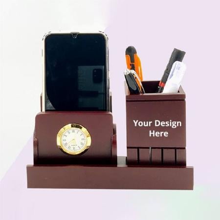 Brown Customized Wooden Pen Stand with Clock and Mobile Stand for Office Table &amp; Study Table, Wooden Pen Holder