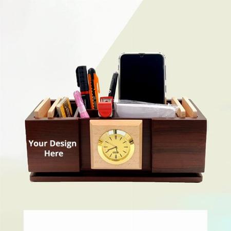 Brown Customized Wooden Pen Stand with Clock for Office Table &amp; Study Table, Wooden Pen Holder with Clock &amp; Coaster Plates