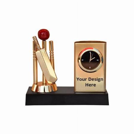 Gold Customized Corporate Gifts for Clients Metal Cricket Pen Stand With Analog Watch