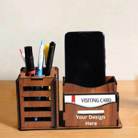 Brown Customized 1 Pen Stand with Visiting Card &amp; Mobile Holder Multipurpose Wooden Desk Organizer