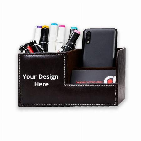 Brown Customized Leather Desk Supplies Organizer, Multi-Functional Pen, Pencil Desktop Stationery Organiser