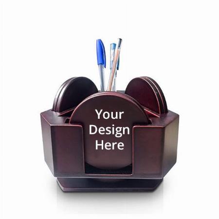 Brown Customized 6-Pc Cup Coaster &amp; Revolving Pen Stand Holder Desk Organizer for Home &amp; Office Study Tables