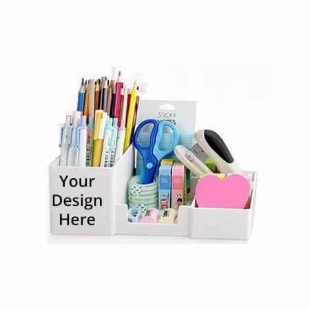White Customized Desk Organizer with Pencil Holders, Sticky Note, Paperclip Storage I Multi-Functional Office Table Accessories I Stand for Home/Office I 6 Compartment, Plastic